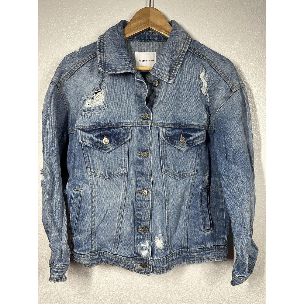 Celebrity Pink Jacket Womens Small Distressed Denim Trucker Ripped Pockets